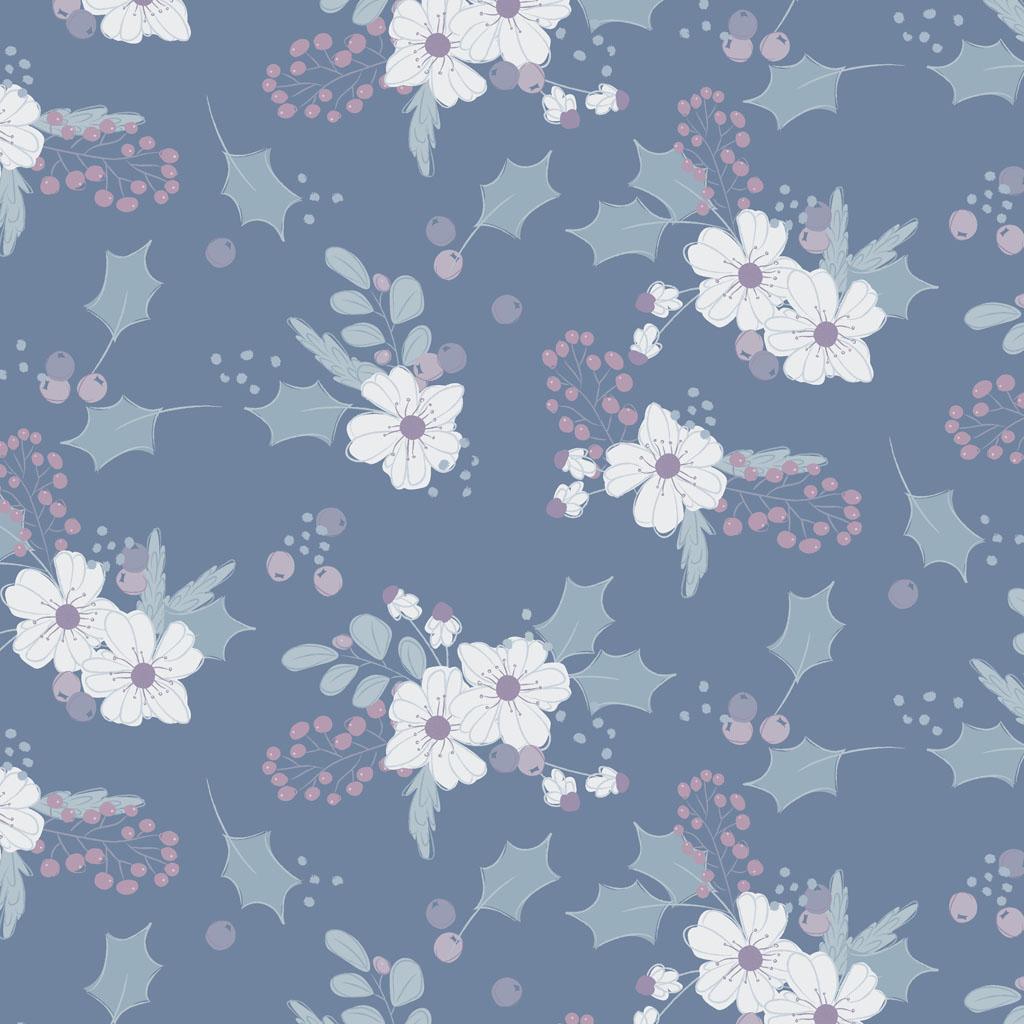 Flowers & Holly Leaves on Dark Blue