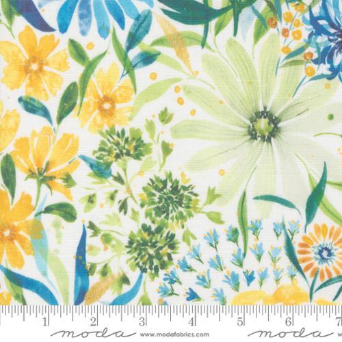 Canvas White w Blue & Yellow Flowers Green Leaves