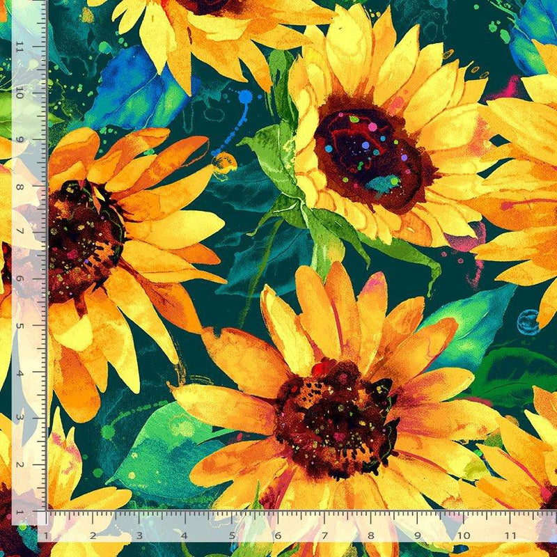 Large Sunflowers on Dark Green Hint of Blue in Background