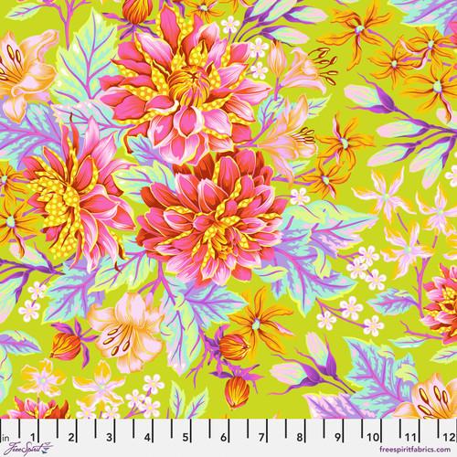 Lime Green w Pink Dahlias Tula Pink, Untamed