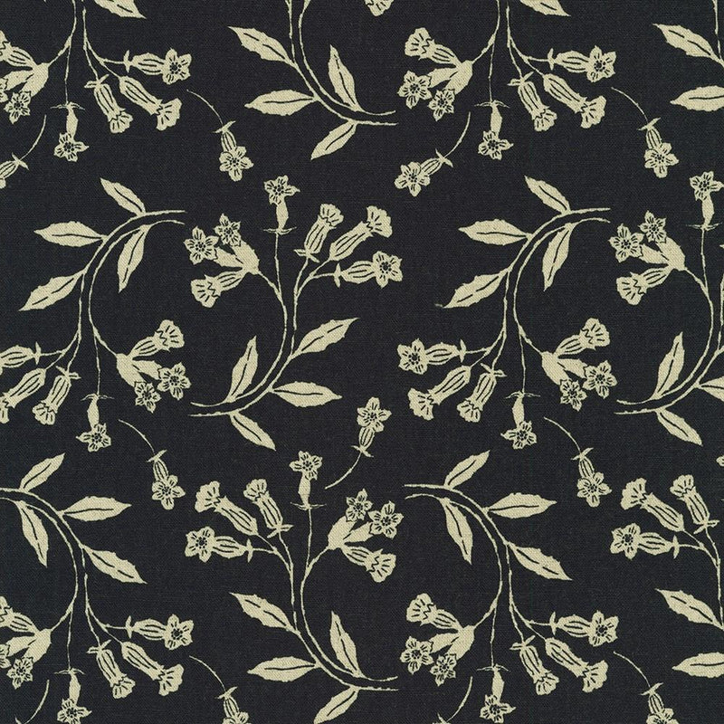 Tan Flowers & Vines on Black Cotton Flax Prints